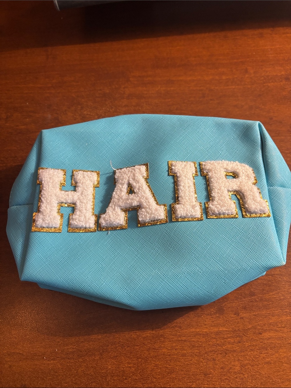 Turquoise Hair Tool Pouch with White HAIR Appliqué